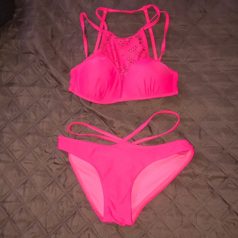 Neon pink cute cutout bikini